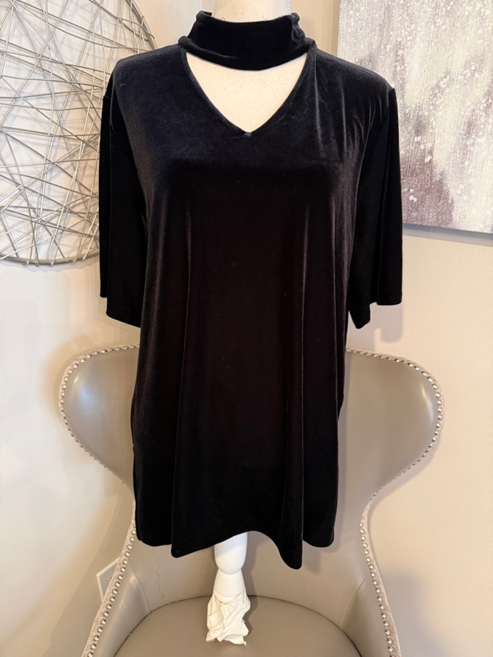 Black Velvet Mock-Neck Cutout Top